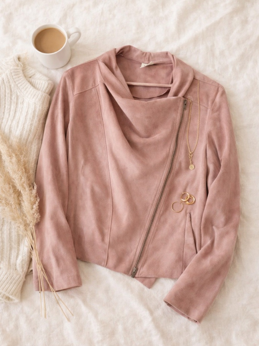 Faux Suede Moto Jacket Blush Pink Draped Collar Asymmetrical Zip Size Medium